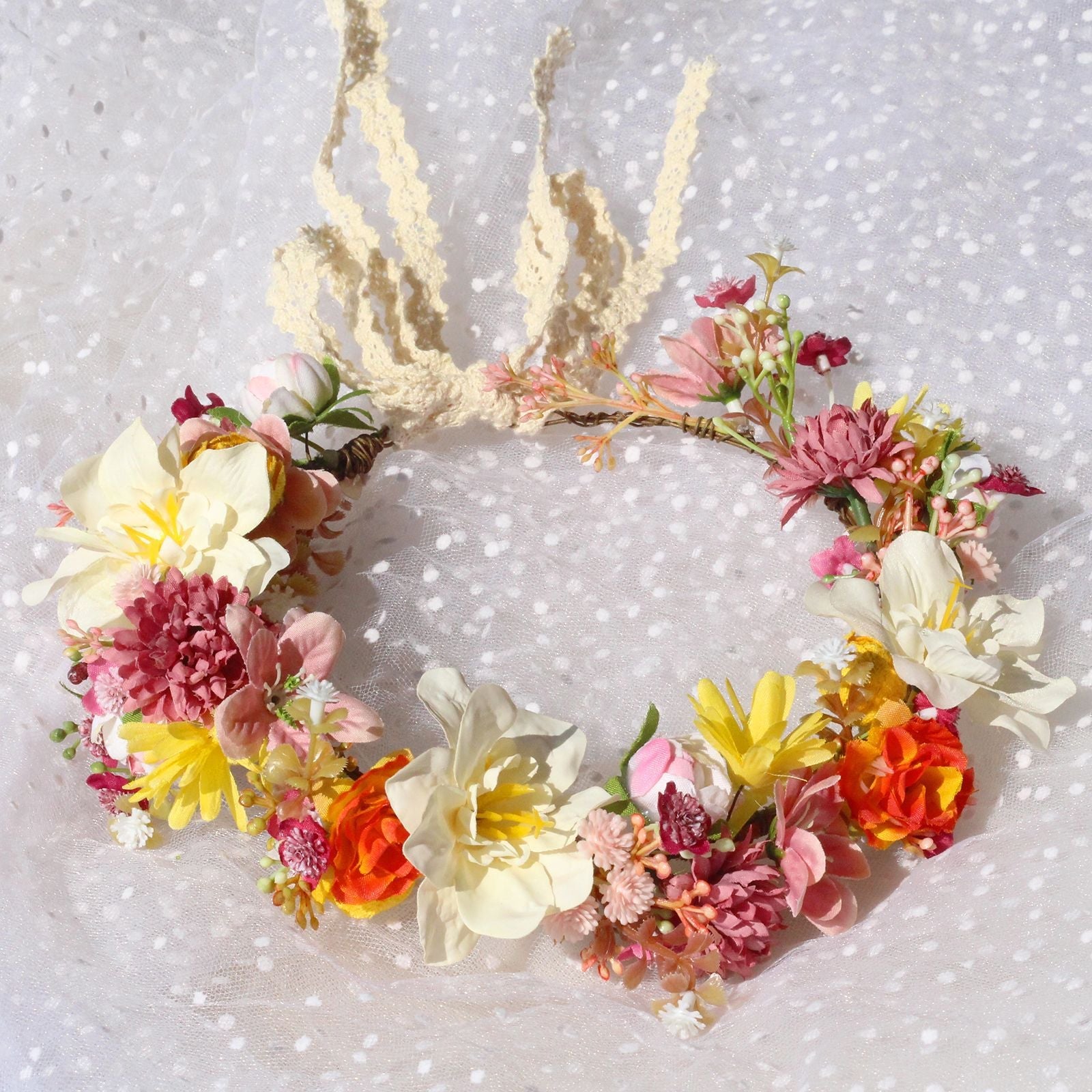 Autumn Flower Wreath Headwear Handmade Fabric Headflower Wedding Headband Bridal Ladies Scenic Photography Flower Wreath