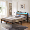 Large metal platform bed frame with wooden headboard and footboard with USB LINER and LED lights