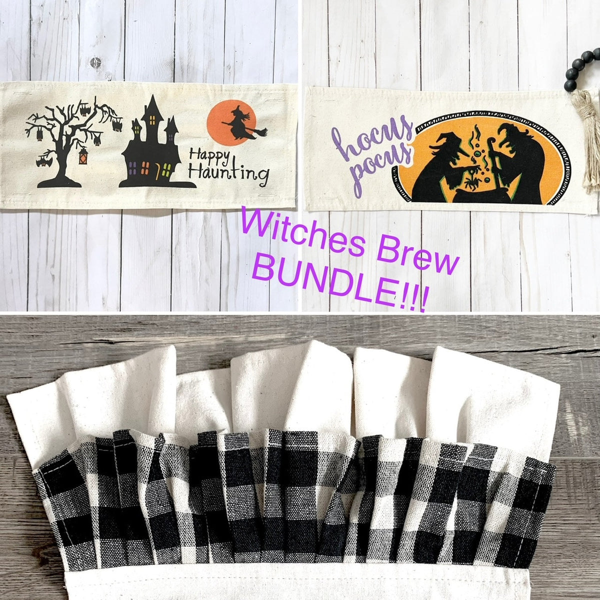 2 PANELS & RUNNER BUNDLE: RECTANGLE Holiday Panel Halloween October Fall Autumn: Hocus Pocus HAPPY HAUNTING / WITCHES BREW + BUFFALO CHECK RUNNER