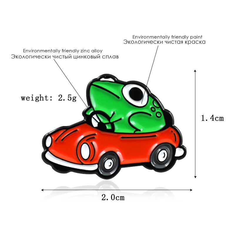 Frog Driver Enamel Pin Small Red Car Brooch Backpack Clothes Lapel Funny Animal Frog Jewelry Gift for Friends Children