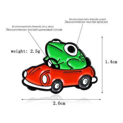 Frog Driver Enamel Pin Small Red Car Brooch Backpack Clothes Lapel Funny Animal Frog Jewelry Gift for Friends Children