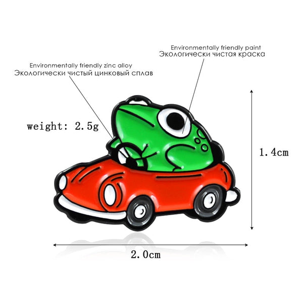 Frog Driver Enamel Pin Small Red Car Brooch Backpack Clothes Lapel Funny Animal Frog Jewelry Gift for Friends Children