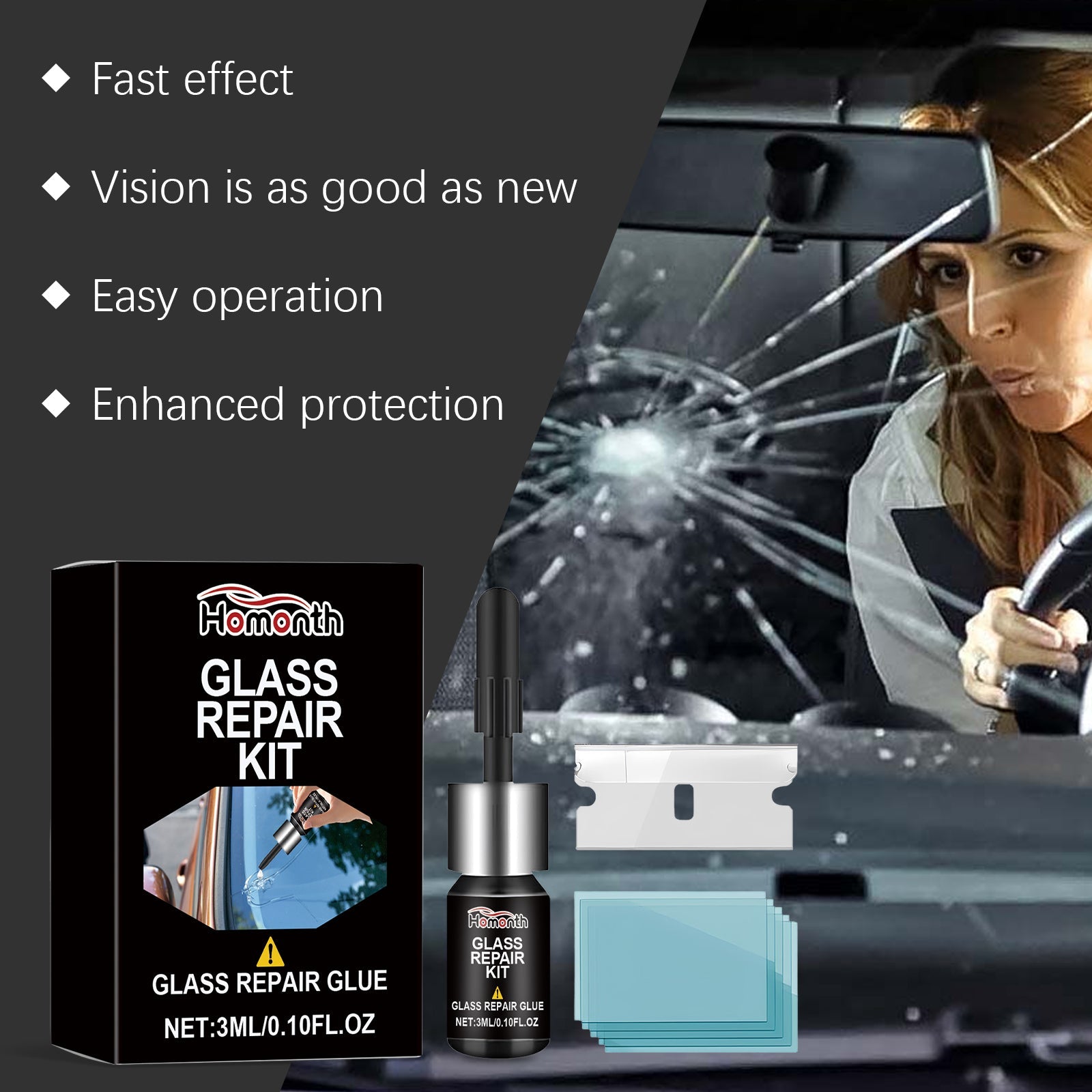 Glass Repair Kit Automotive Windshield Cracks Scratches Clear Vision Portable Adhesive