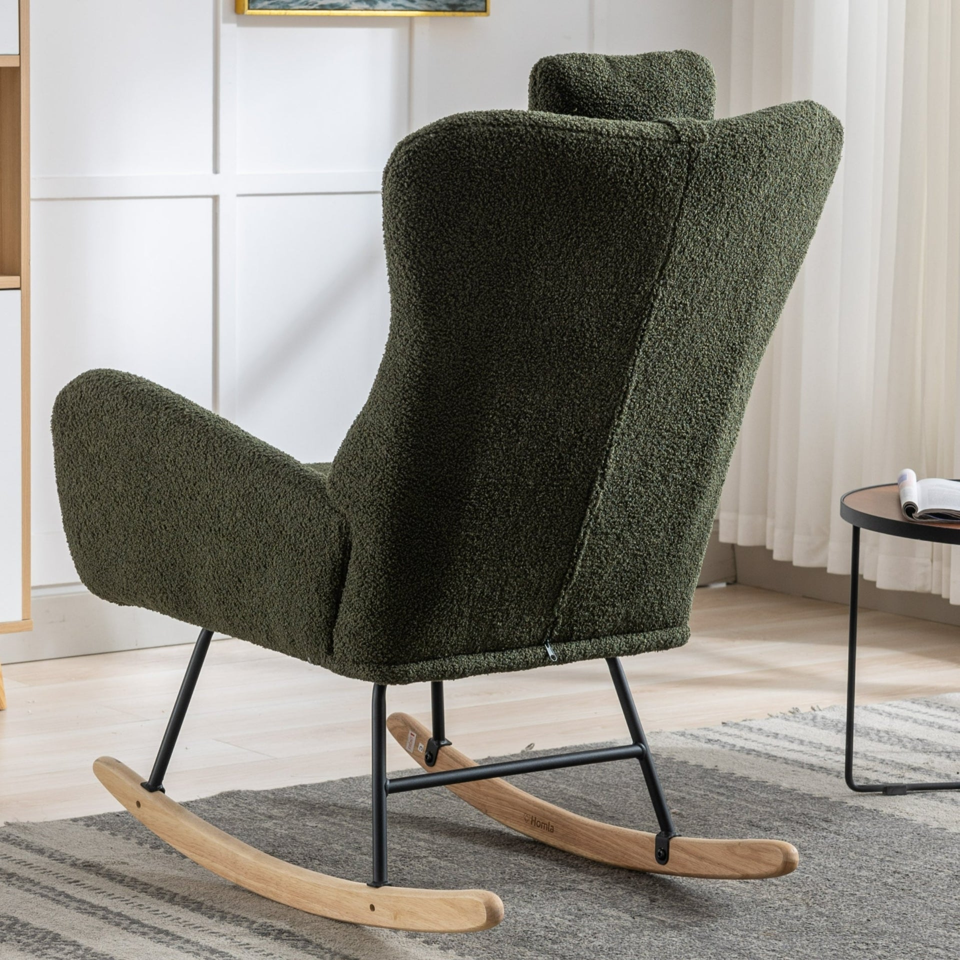 35.5-inch soft Teddy fabric rocking chair with pockets, comfortable wing straps, secure solid wood base (dark green)