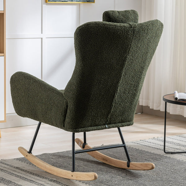 35.5-inch soft Teddy fabric rocking chair with pockets, comfortable wing straps, secure solid wood base (dark green)