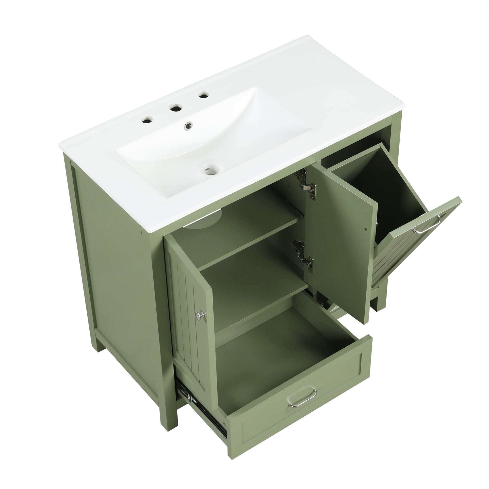 36 inch bathroom vanity with sink, one double door cabinet one large drawer and one flip drawer solid wood and MDF board, green