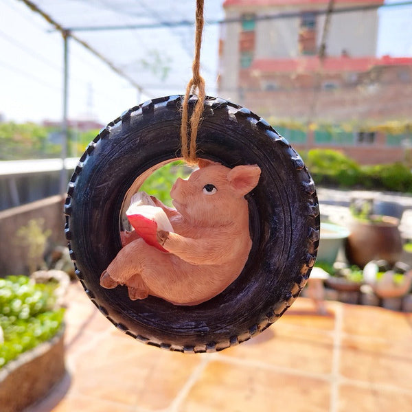 Cute Piggy Reading Tire Courtyard Garden Outdoor Hanger
