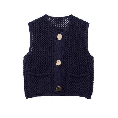 Street Fashion Crochet Hollow Vest Solid Color Versatile Round Neck Jacket
