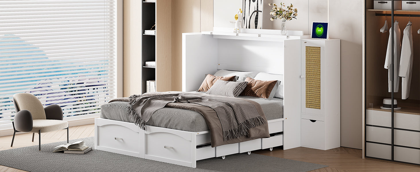 Large Murphy bed wall mounted bed with drawers, 2 storage cabinets, 1 set of sockets and USB ports, white