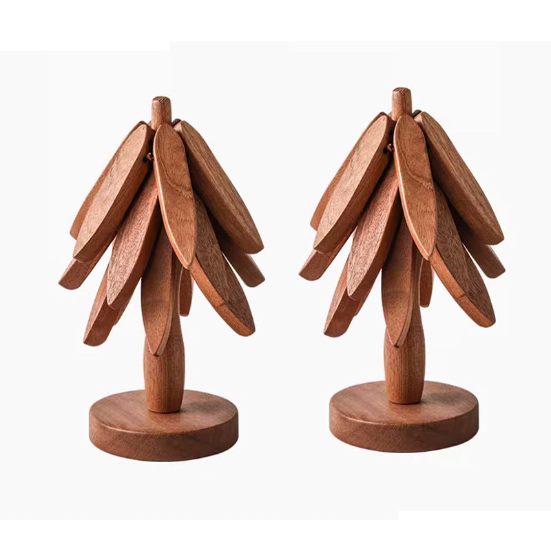 Wooden Christmas Tree Folding Coaster Black Walnut Thick Seat Adiabatic Pad For Kitchen Desktop Decoration Housewarming Gift