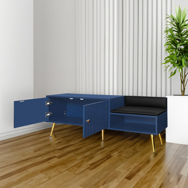 Modern Shoe Storage Bench with Hidden Storage and Upholstered Cushions for Bedside, Living Room and Entryway (Navy)