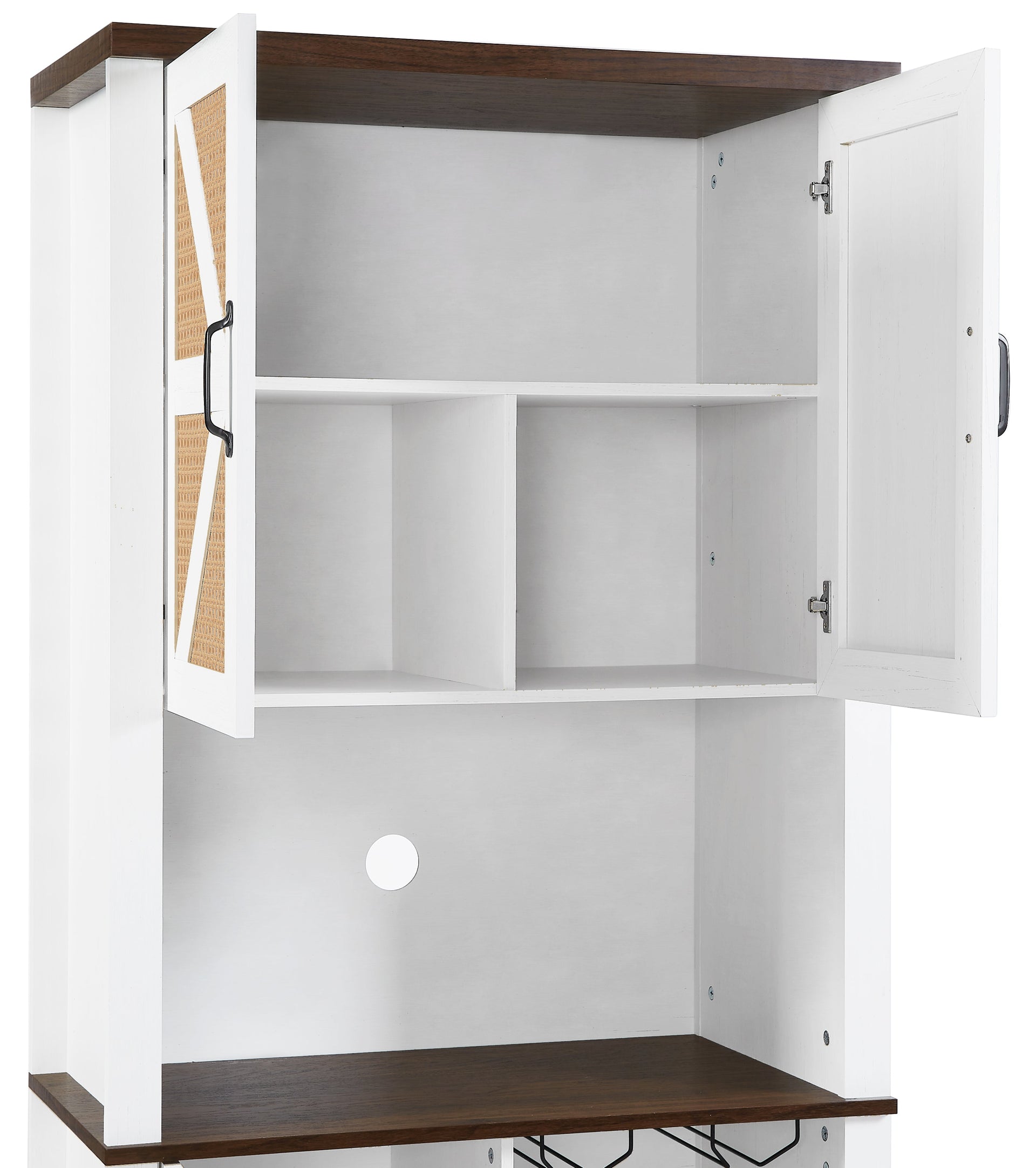 76 Inch Tall Farmhouse Kitchen Faux Rattan Wine Cabinet, Kitchen Bar Cabinet with Square Compartments and Shelves