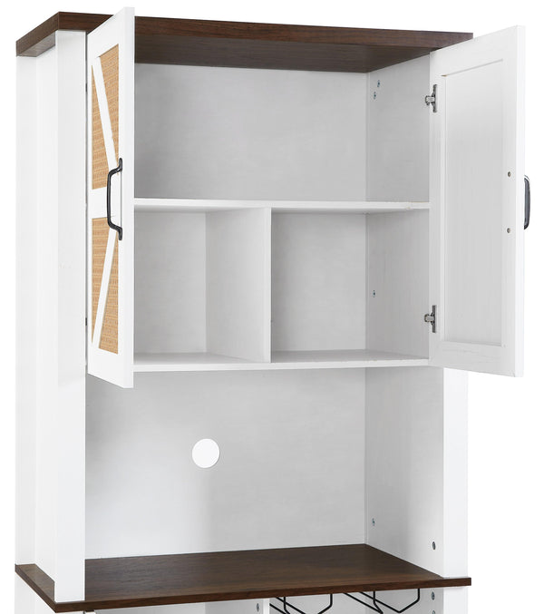76 Inch Tall Farmhouse Kitchen Faux Rattan Wine Cabinet, Kitchen Bar Cabinet with Square Compartments and Shelves