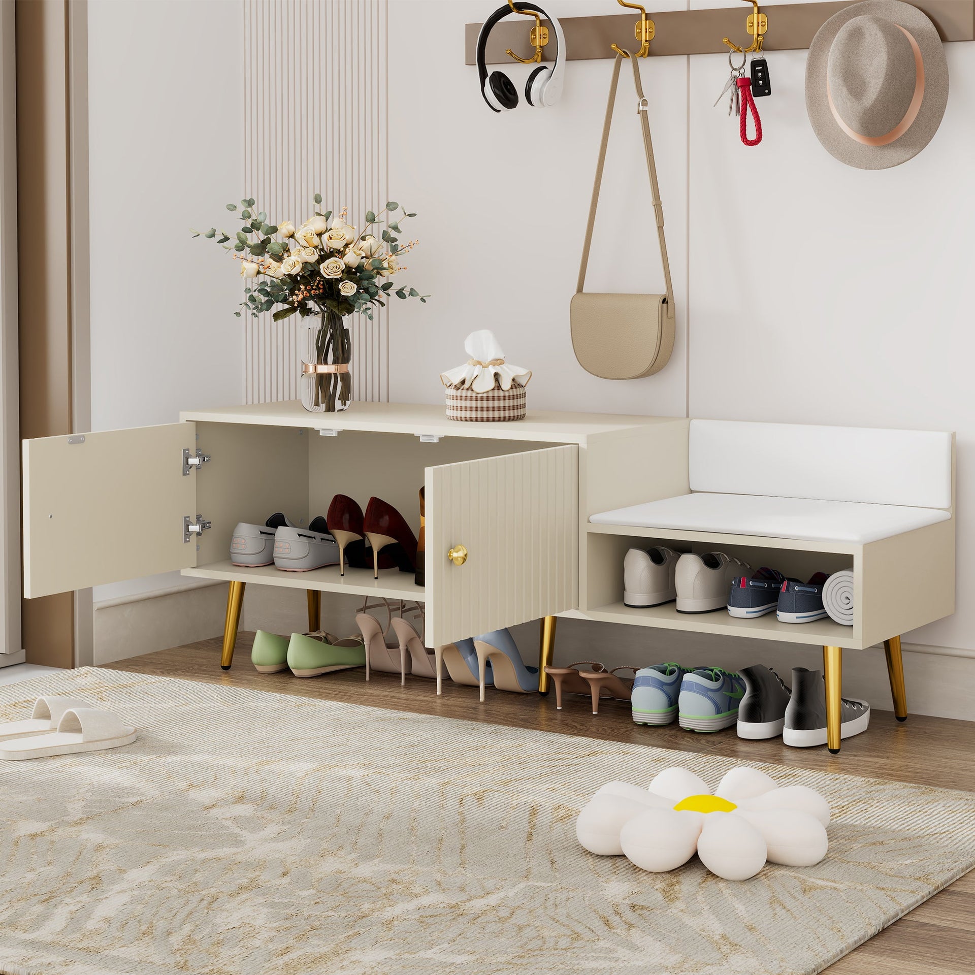 Modern Shoe Storage Bench with Hidden Storage and Upholstered Cushions for Bedside, Living Room and Entryway ((Antique White)