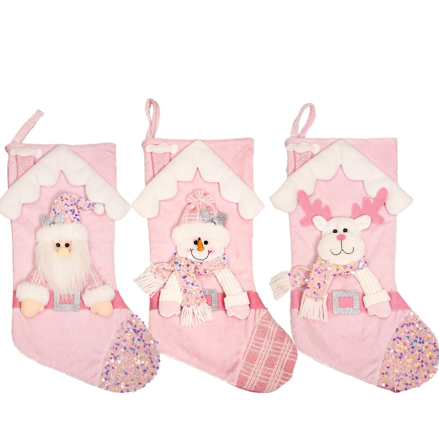 Christmas decoration, pink sequins, children's cartoon roof, Santa Claus, Christmas socks, gifts, decorative items