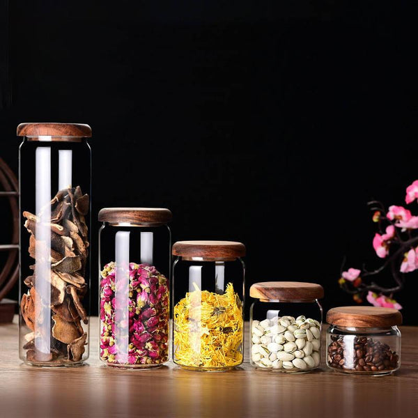 Glass sealed jar wooden lid kitchen universal storage jar coffee and flower tea display storage jar