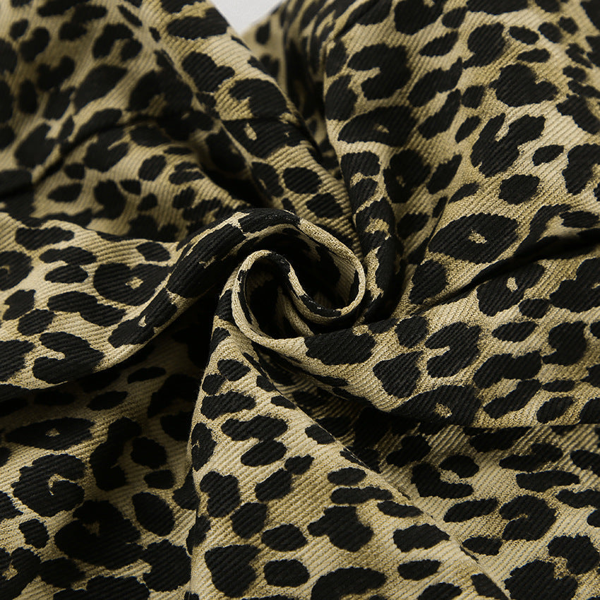 American retro leopard print casual pants with high waist design niche fashion loose and wide leg pants