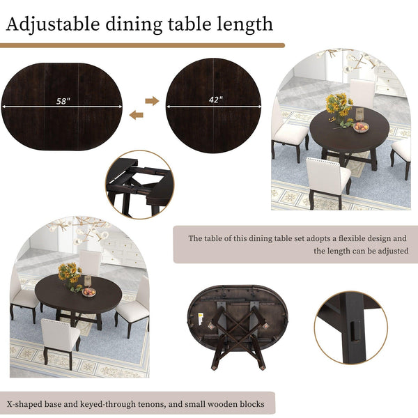 TREXM Farmhouse Round Extendable Dining Table with 16