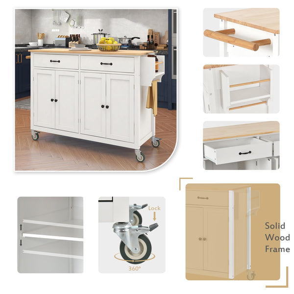 Kitchen Island Cart with Solid Wood Top and Locking Wheels 54.3 Inch Width  (White) V.I.P Digital Presence