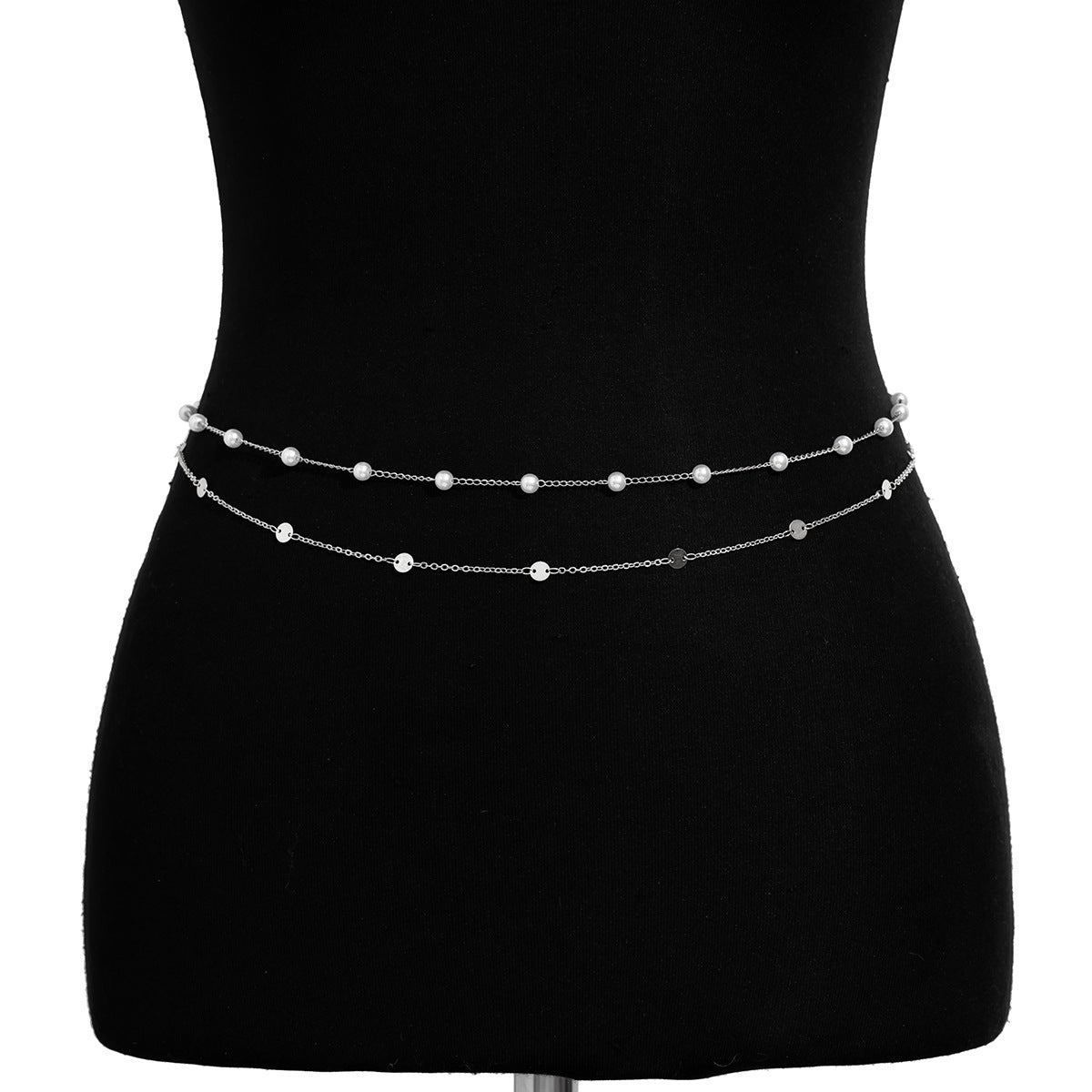 Double layered waist chain, geometric sequins, waist chain, beach party, imitation pearl body chain, fashionable