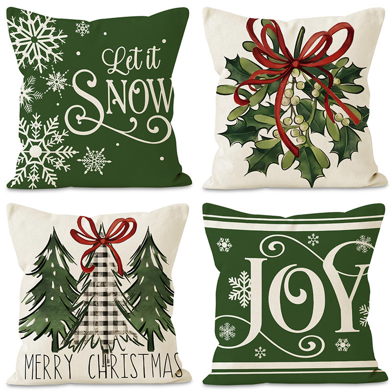 Green Christmas Pillow Cover Linen Printed Pillow Cover Holiday Living Room Bedroom Decoration Cushion Cover