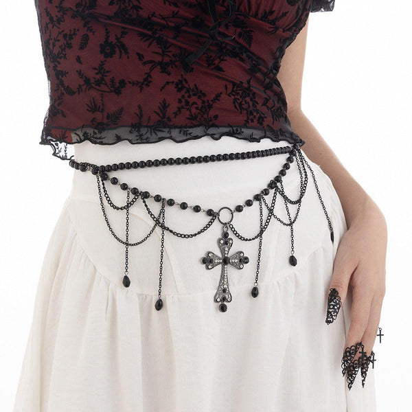 Dark Wind Cross Iron Chain Waist Chain Multi layer Versatile Tassel Crystal Body Chain Female
