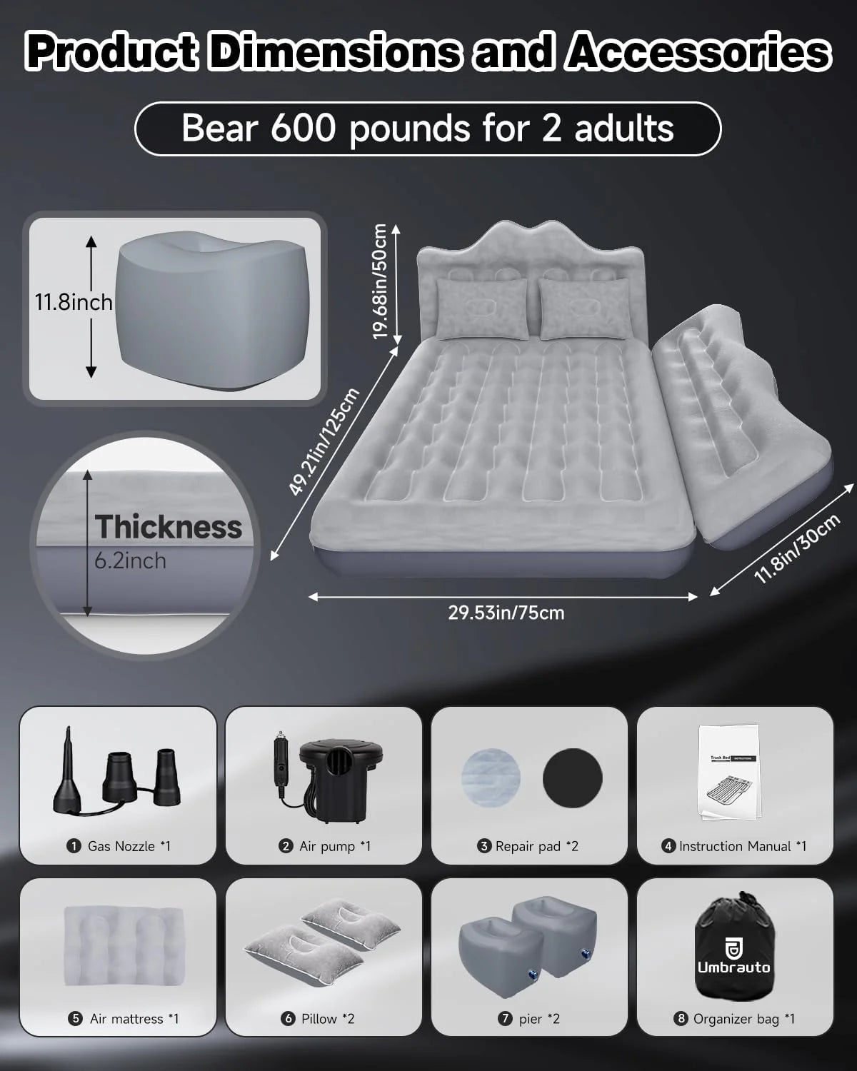 Umbrauto 29.53in/75cm Wide Car Air Mattress – Inflatable SUV, Truck & Van Back Seat Camping Bed with Pump & Pillows, Gray