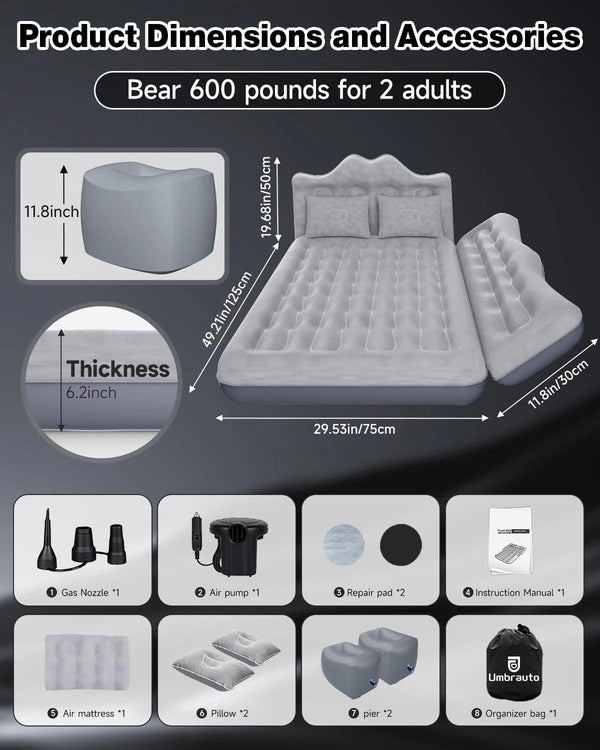 Umbrauto 29.53in/75cm Wide Car Air Mattress – Inflatable SUV, Truck & Van Back Seat Camping Bed with Pump & Pillows, Gray