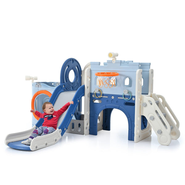 10-1 Toddler Slide Set,Kids Slide for Toddlers Ages 1+, Basketball Hoop Pirate Ship Themed Slide with Ship Head Indoor& Outdoor