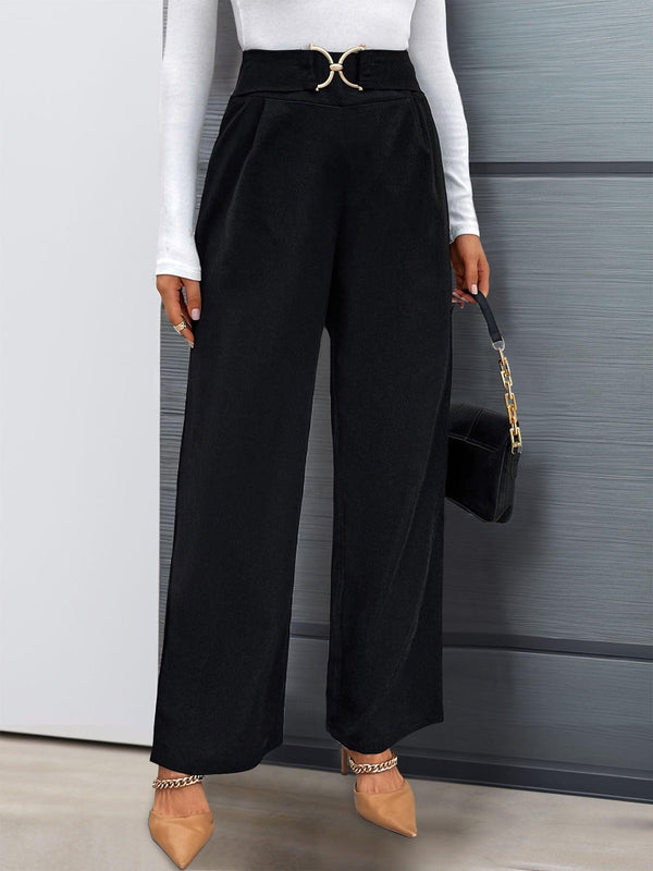 Autumn women's solid color with buckle high waisted straight leg pants