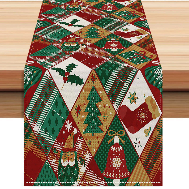 Christmas Socks Printed Table Flag Linen Plaid Printed Tablecloth Festival Party Decoration Tablecloth Tea Flag