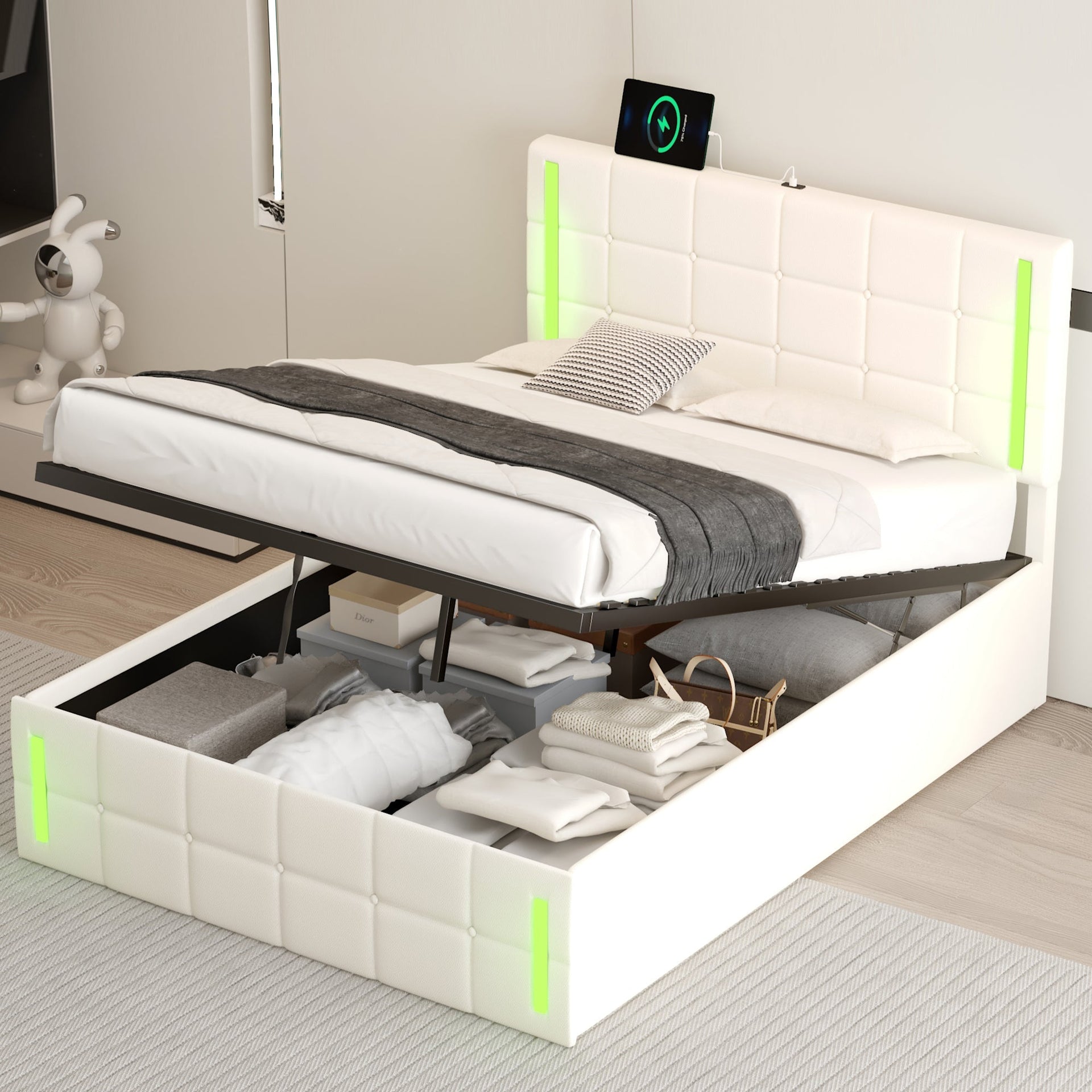 Full Size Upholstered Bed with LED Lights,Hydraulic Storage System and USB Charging Station,White V.I.P Digital Presence