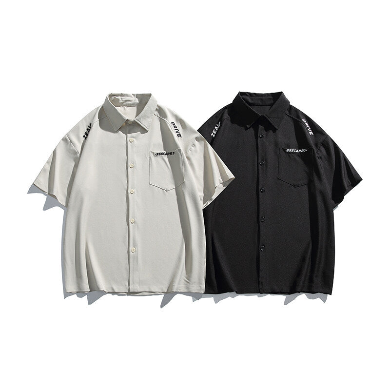 Simple letter embroidery casual short sleeved shirt men's half sleeved shirt