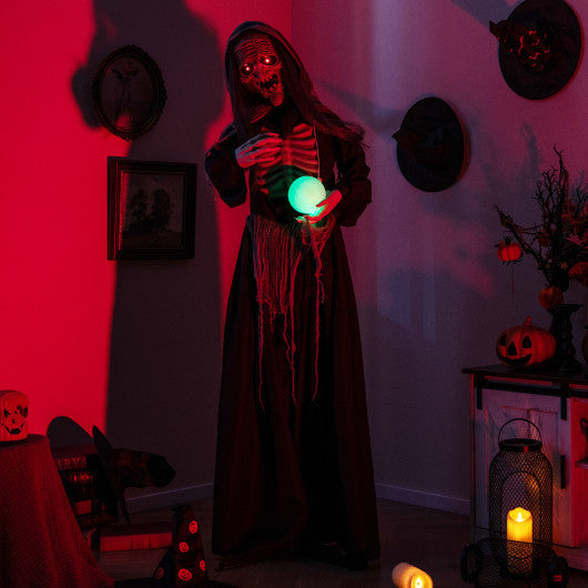 6ft Halloween Animatronics Standing Witch with Light Up Eyes and Magical Ball