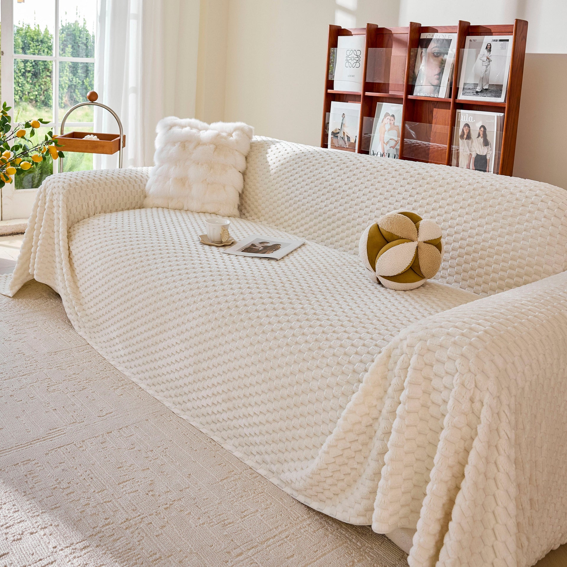 Thick Plush Non-Slip Sofa Throw Cover, Warm Soft Faux Fur Couch Protector for Winter