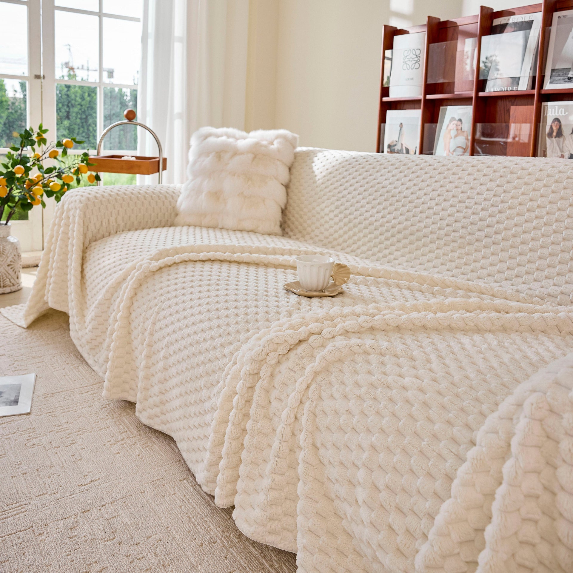 Thick Plush Non-Slip Sofa Throw Cover, Warm Soft Faux Fur Couch Protector for Winter