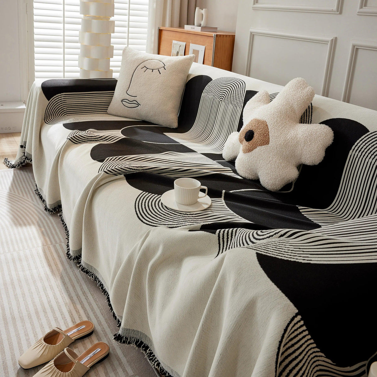 Soft Chenille Tassel Trim Sectional Sofa Protector Couch Covers for Cats Cozy Blanket Sofa Throws