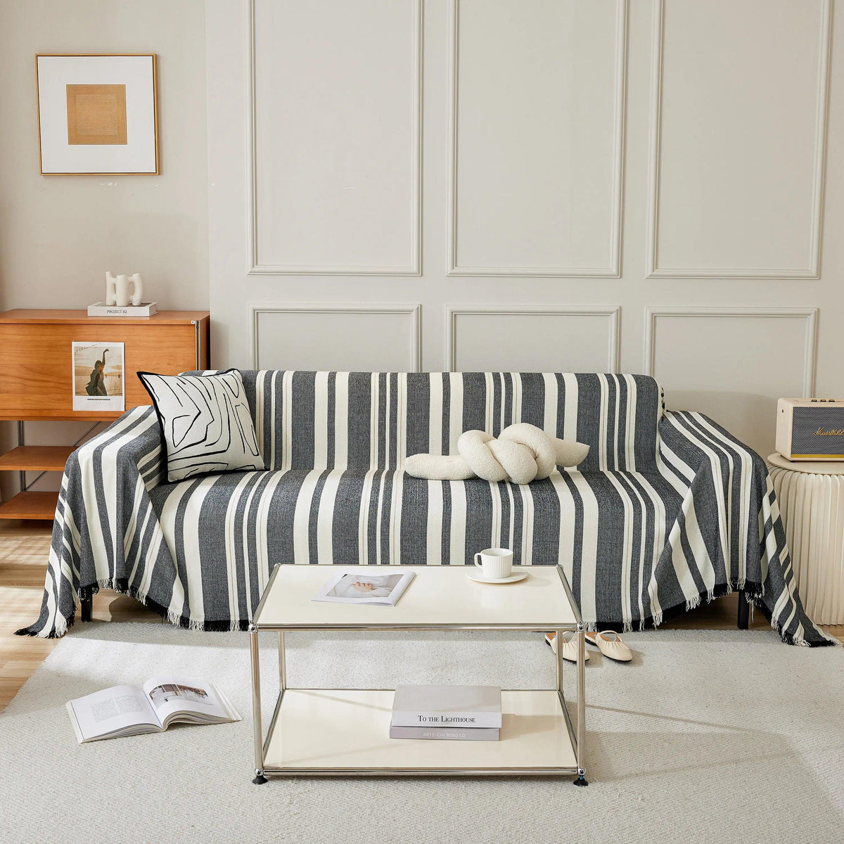 Striped Chenille Sofa Slipcover Throw, Soft Thick Washable Couch Cover Blanket