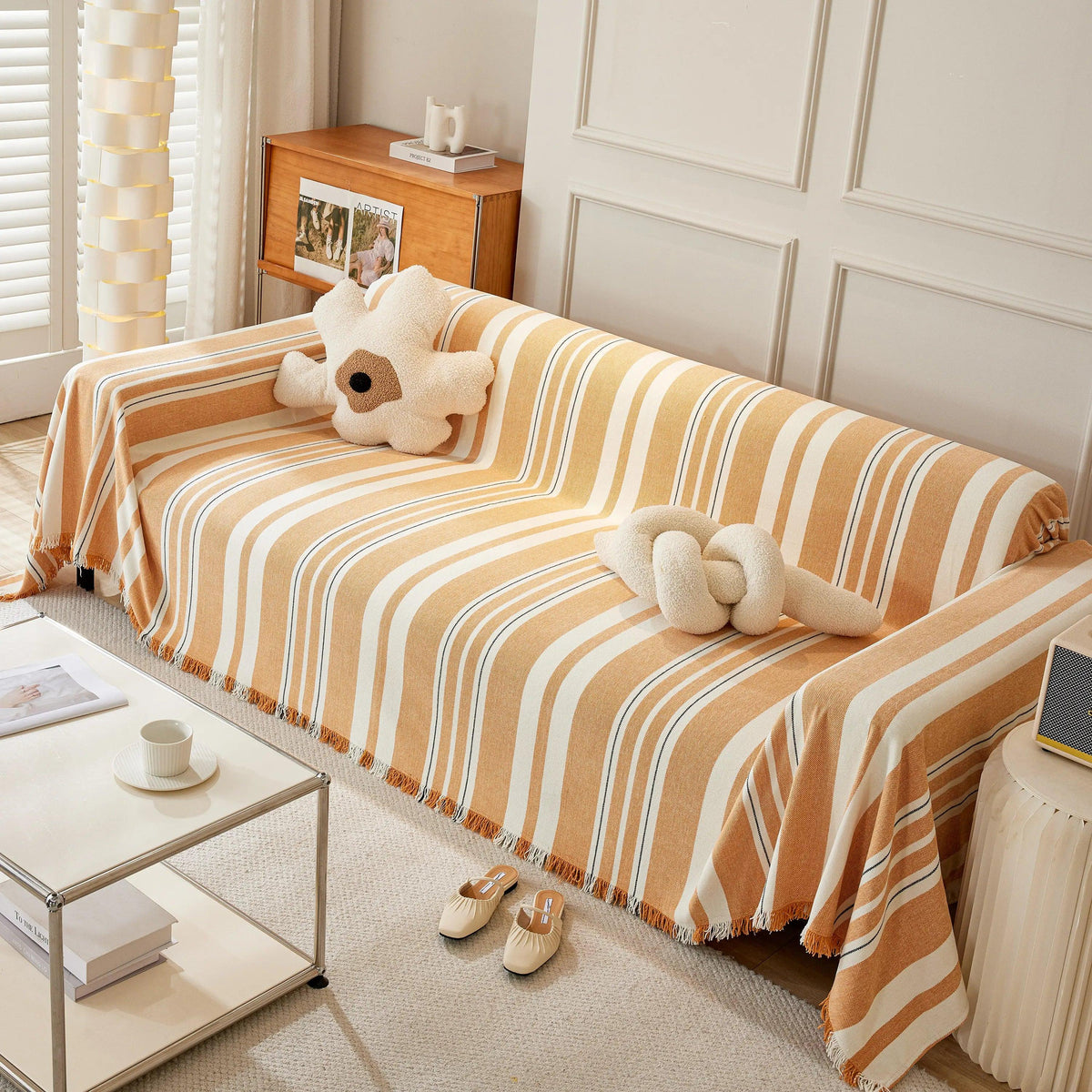 Striped Chenille Sofa Slipcover Throw, Soft Thick Washable Couch Cover Blanket