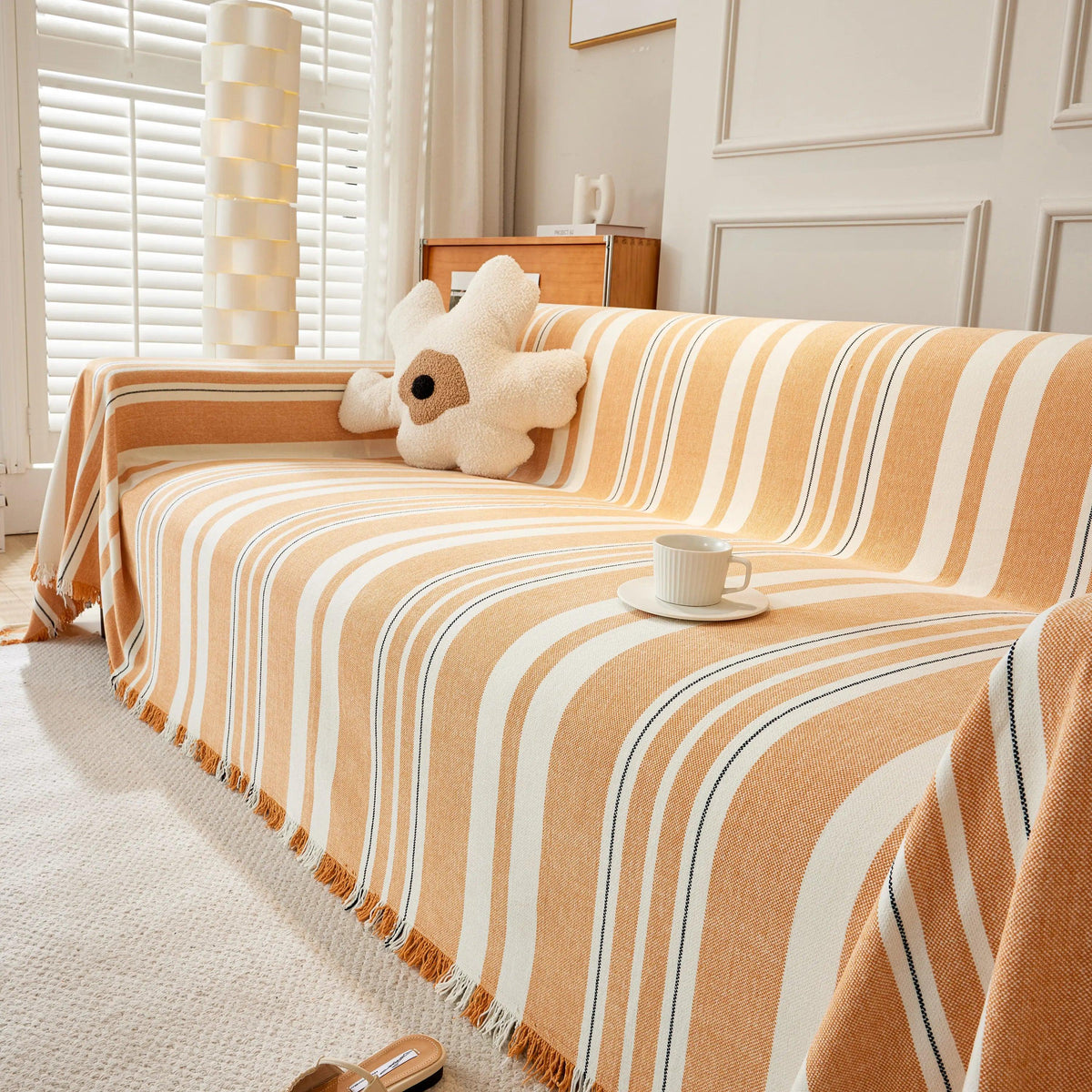 Striped Chenille Sofa Slipcover Throw, Soft Thick Washable Couch Cover Blanket