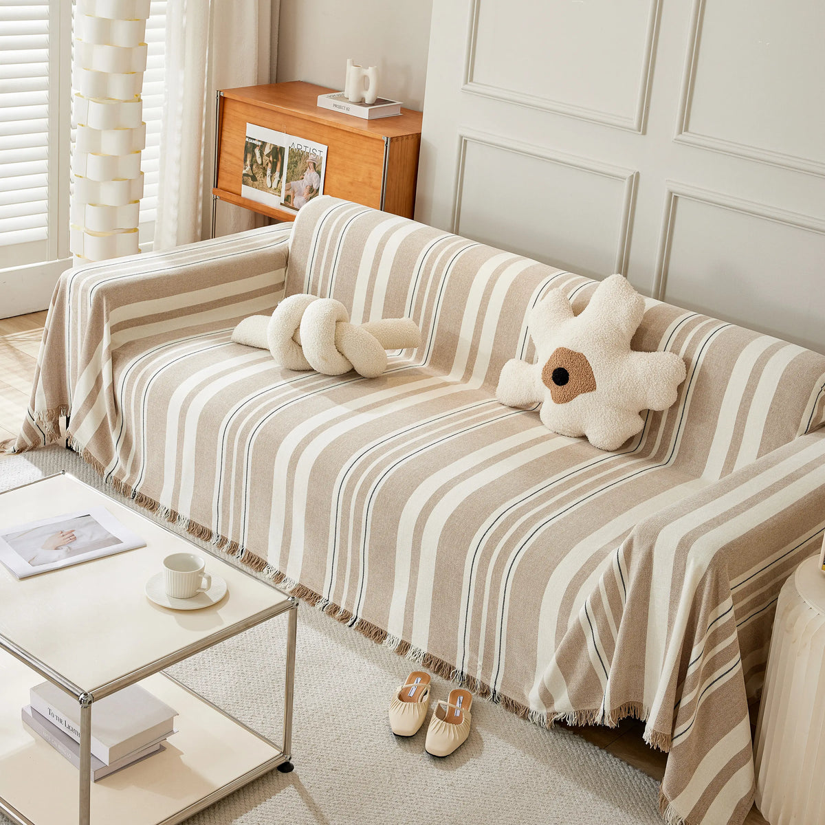 Striped Chenille Sofa Slipcover Throw, Soft Thick Washable Couch Cover Blanket