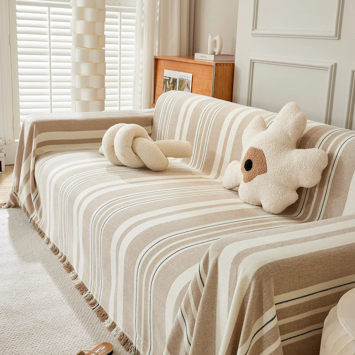Striped Chenille Sofa Slipcover Throw, Soft Thick Washable Couch Cover Blanket