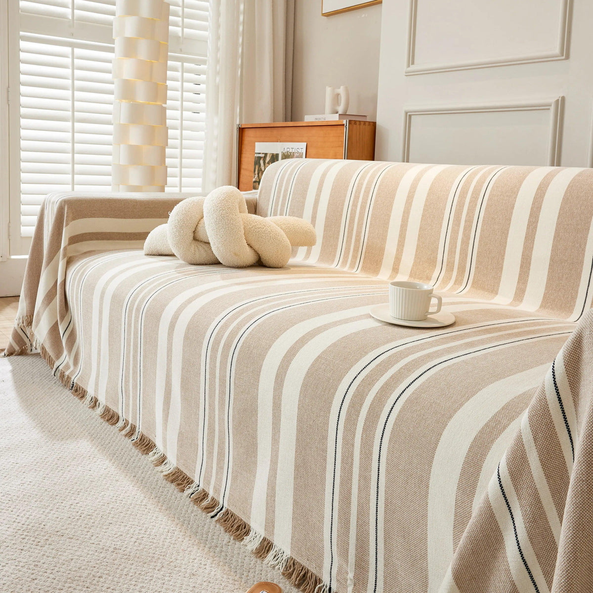 Striped Chenille Sofa Slipcover Throw, Soft Thick Washable Couch Cover Blanket