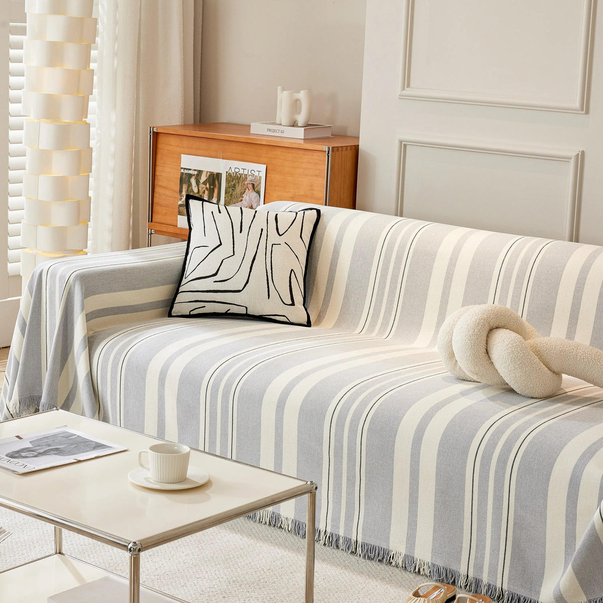 Striped Chenille Sofa Slipcover Throw, Soft Thick Washable Couch Cover Blanket