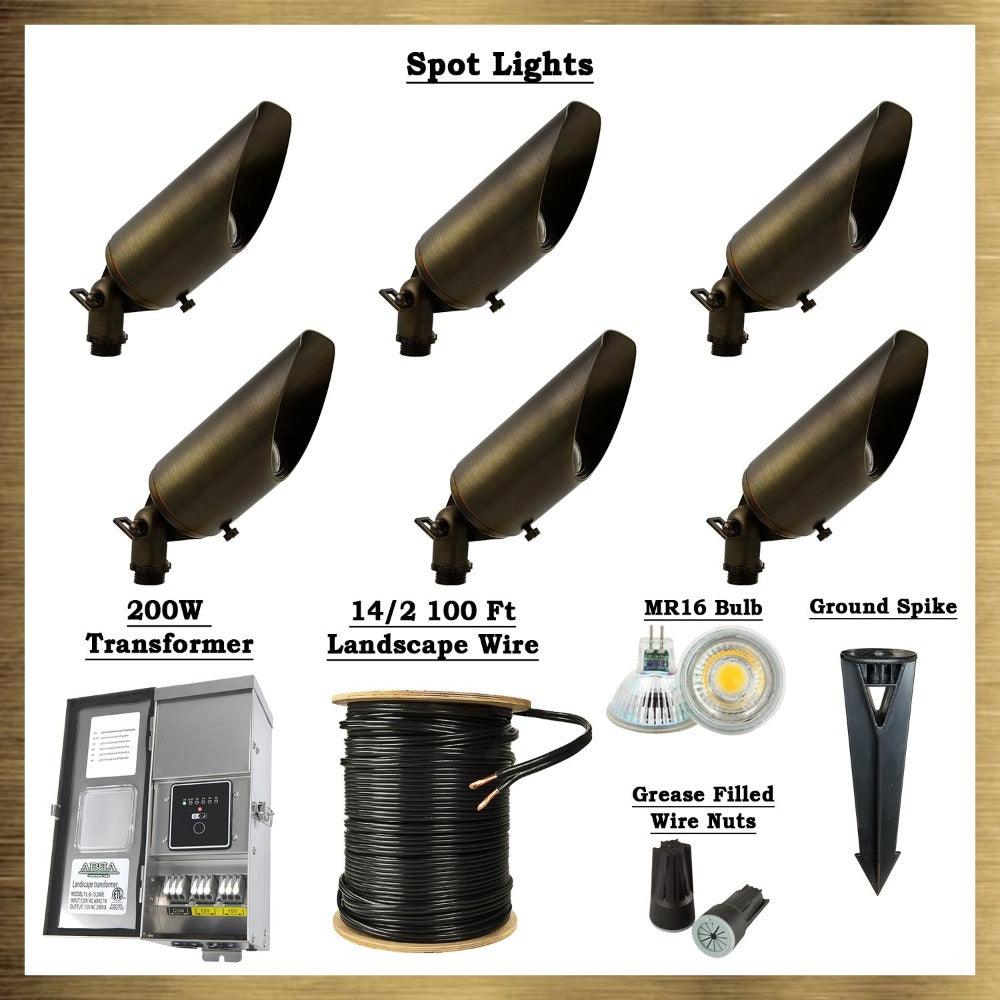 Brass LED Spot Light Kit: (6) Brass Spotlights, All Necessary Components
