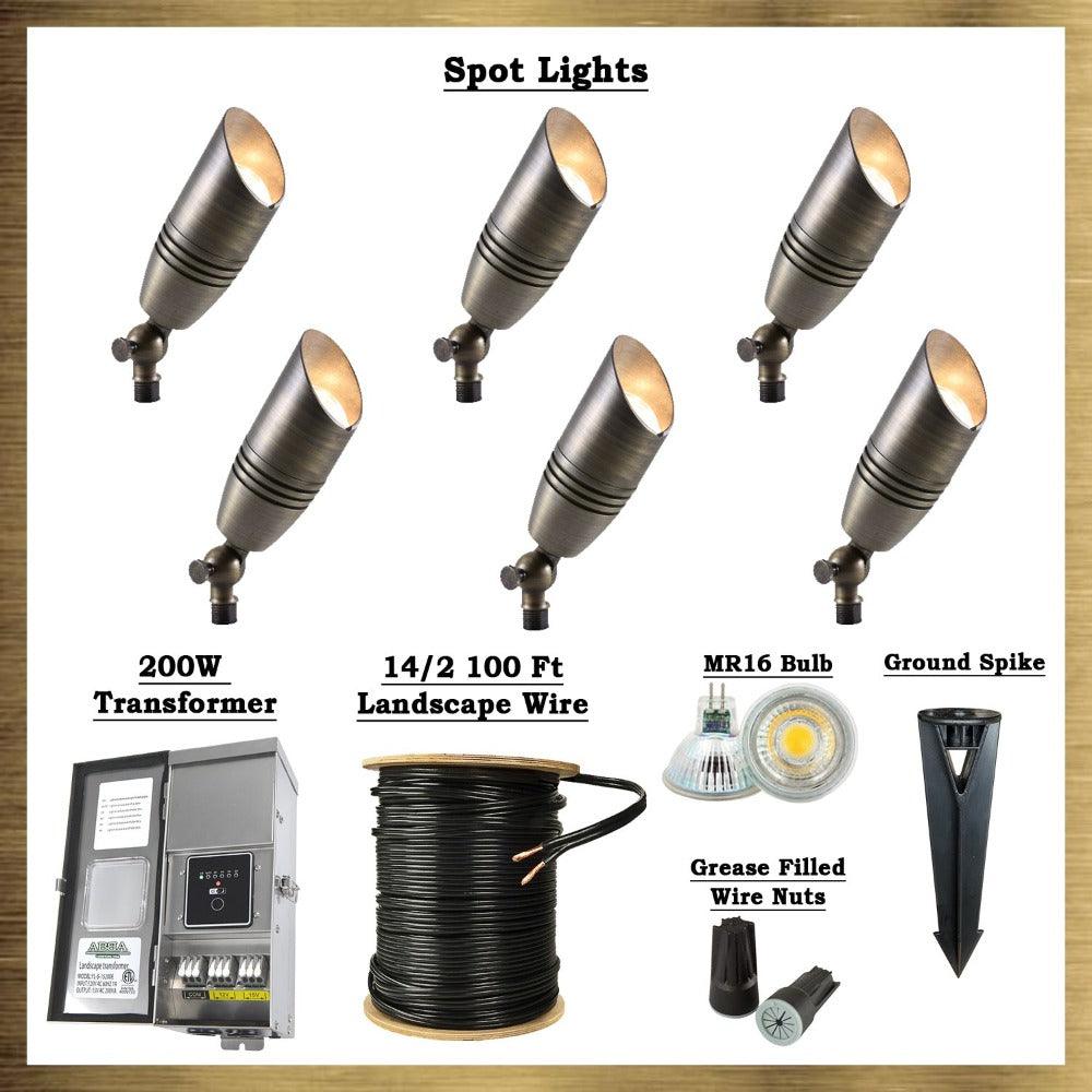 Brass LED Spot Light Kit: (6) Brass Spotlights, All Necessary Components
