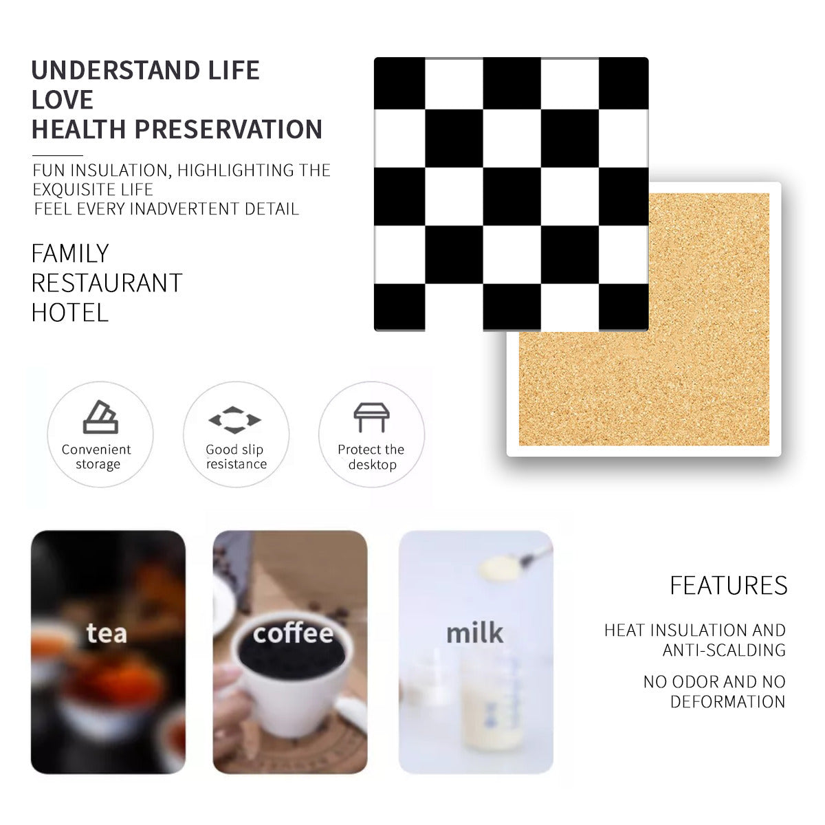 Black and White Diatomaceous Earth Coaster with Cork Bottom – Eco-Friendly, Non-Slip Drink Mat