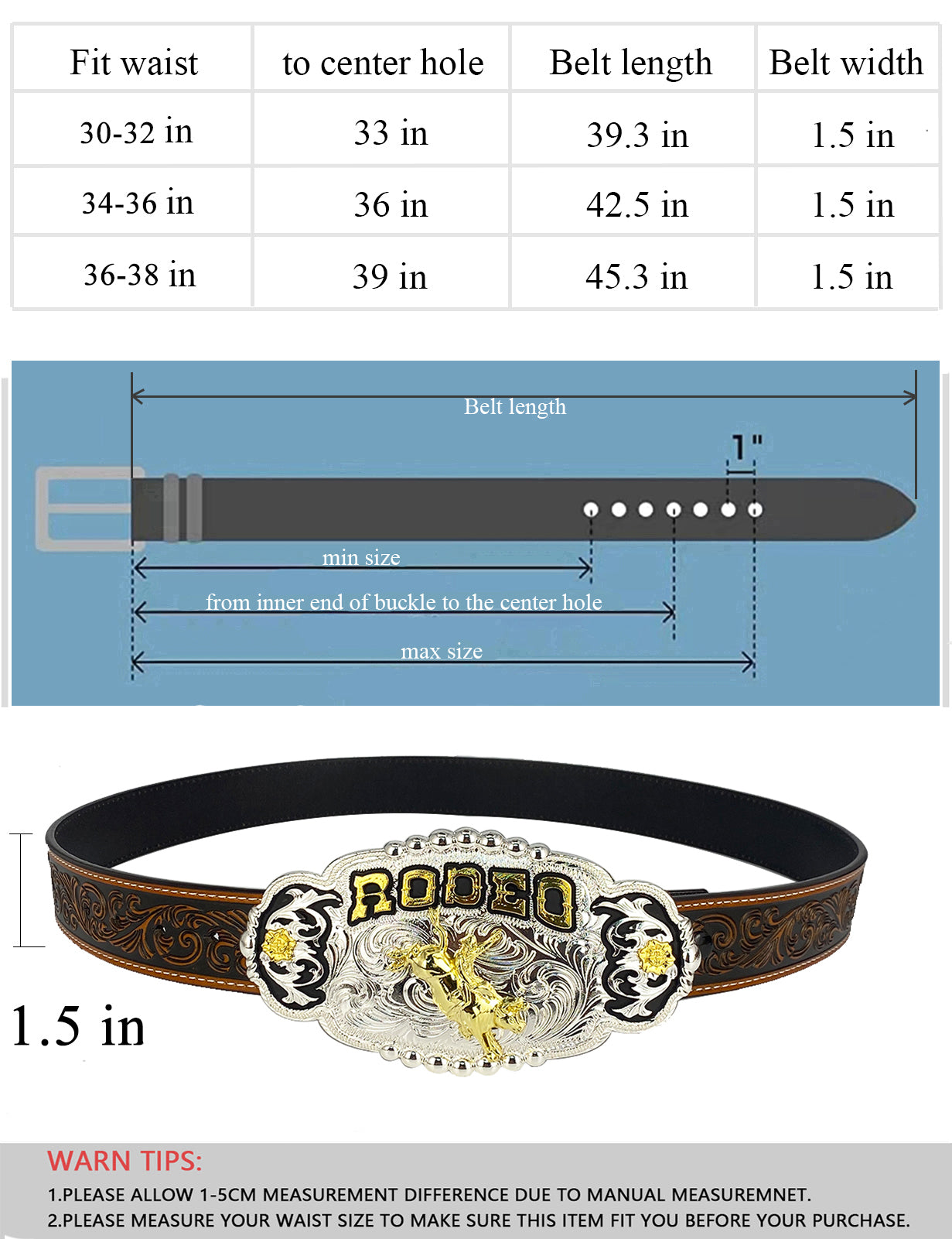TOPACC Western Genuine Leather Pattern Tooled Belt - Rodeo Engraved Flower Belt Buckle