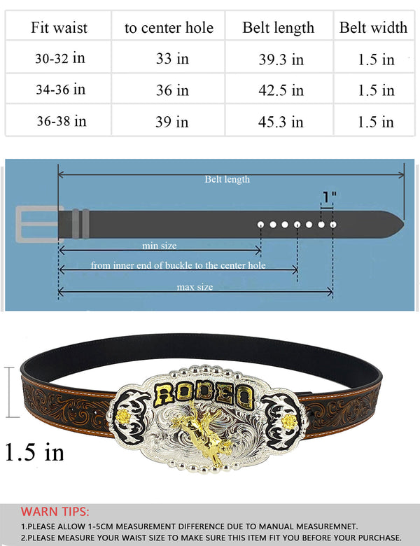 TOPACC Western Genuine Leather Pattern Tooled Belt - Rodeo Engraved Flower Belt Buckle