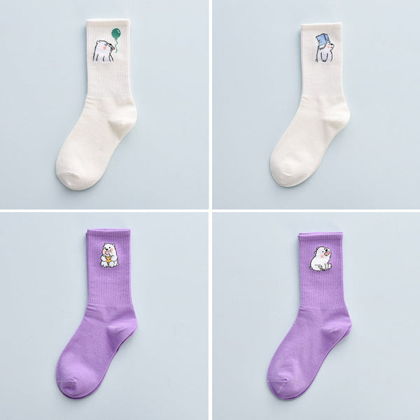 4Pair Spring And Summer Combed Out Of Pure Cotton Socks Mid Waist Fashion Bear Socks Cute Animal Socks Kawaii Cute Cartoon Purple College Socks For Men And Women